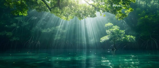Mystical Mangroves: Sunbeams Dance on Indonesian Waters. Concept Nature Photography, Ocean Beauty, Sunlight Reflections, Tropical Scenery, Mystical Landscape - obrazy, fototapety, plakaty