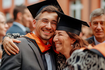 Fototapeta premium Celebration of graduation from university. Graduate in gown and hat hugs parents and friends