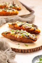 vegan loaded sweet potato skins, delicious vegetarian cheese and mushrooms topped baked potatoes