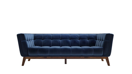  A sleek, minimalist sofa with clean lines and a rich, navy blue upholstery, set against a pure white background to highlight its modern design. 
