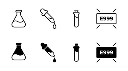 Science laboratory icon set. Lab flask symbol. Chemical beaker sign. Scientific experiment pictogram. Chemistry icon. Food supplement illustration. Pipette and test tube isolated vector.