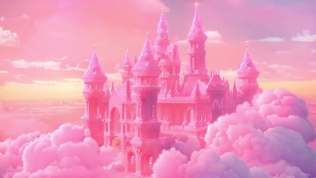 Fairy castle in cotton candy clouds. Pastel pink castle in pink clouds. Magic land, fairytale cloud and fabulous sky. Fairy castle for little princess. Fantastic tower, majestic kingdom building lands