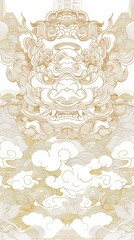Intricate Golden Dragon and Clouds Illustration, Asian Mythology Artwork