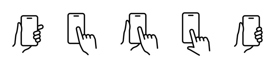 Hand holding phone icon. Swipe illustration set. Mobile touch screen isolated.