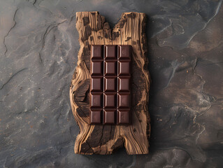 Dark chocolate on a wooden board, top down view