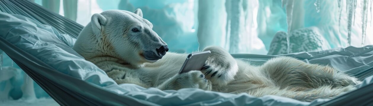 Capture a serene moment of a polar bear in a shaded hammock, using its nose to swipe on a large, durable outdoor smartphone screen, browsing through pictures of icy landscapes