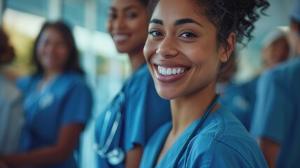 An African-American female medical professional in a blue coat smiles at the camera against the backdrop of other medical workers.