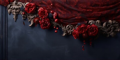 ornate still life of red roses and blackberries with a dark blue background - obrazy, fototapety, plakaty