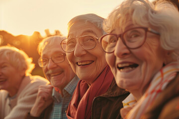 Elderly friends sharing a joke, closeup under the soft light of sunset, showcasing the joy of senior social life