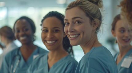 A group of nurses standing close to each other and smiling at the camera. They are all women and wear blue robes. - Powered by Adobe
