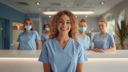 Fototapeta premium A nurse with curly blond hair smiles in front of four other masked nurses, all in blue scrubs, at the hospital reception desk.