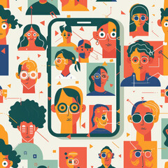 Flat vector illustration of a diverse group enjoying secure smartphone access via facial recognition, inclusivity theme