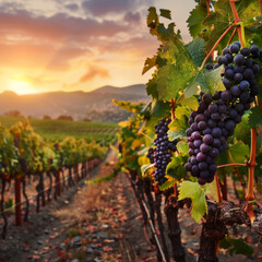 A photo illustration capturing the idyllic beauty of a wine grape vineyard and winery, set against...