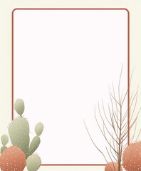 Minimalistic cacti and plants on beige background with a red frame, botanical, flat, warm colors, interior, mid-century modern