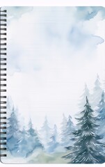 Watercolor notebook cover with a misty forest in the background