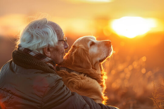 Happy elderly person with a pet dog looking at the sunset, closeup on the bond between them, promoting mental health
