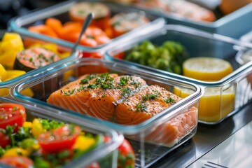 Close Up of Tray of Food With Salmon