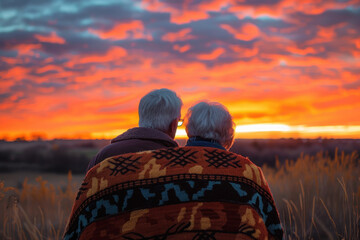 Senior couple from behind, looking at a vibrant sunset, wrapped in a shared blanket, warmth in togetherness - obrazy, fototapety, plakaty