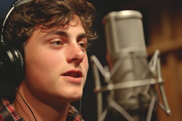 Professional singer podcast streamer interview radio with microphone recording voice singing in bright record studio audio quality equipment content musician media performer entertainment