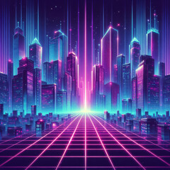 Retro futuristic cyberpunk cityscape, synthwave city background with neon light effect, blue and purple. Retrowave music,  City street, sunset skyline, skyscrapers and building, neon grid lines - obrazy, fototapety, plakaty
