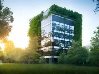 A green themed office buildiing