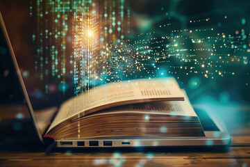 A half-open book with digital code streaming from its pages into a laptop, symbolizing the transfer of knowledge from physical to digital