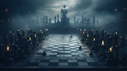 Develop a crismis-themed chess tournament with AI-generated chess pieces competing in a visually stunning virtual chessboard