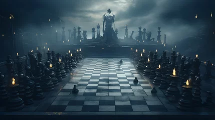 Fototapeten Develop a crismis-themed chess tournament with AI-generated chess pieces competing in a visually stunning virtual chessboard © pipo