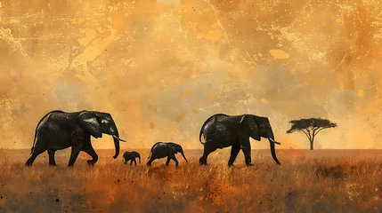 Foto op Canvas A family of elephants traversing the savannah in search of water, their massive silhouettes moving gracefully across the golden grasslands © DigitaArt.Creative
