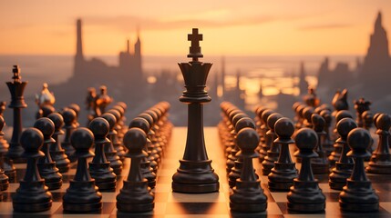 Develop a crismis-themed chess tournament with AI-generated chess pieces competing in a visually stunning virtual chessboard - obrazy, fototapety, plakaty
