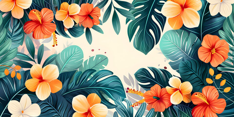 Exotic plants and flowers illustration with vibrant and colorful floral pattern, perfect for Mother's Day and birthday celebrations. Cheerful and feminine graphic design on a pastel background.