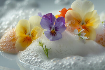 A plate of flowers and foam with a white background