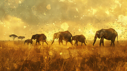 Fototapeta premium A family of elephants traversing the savannah in search of water, their massive silhouettes moving gracefully across the golden grasslands