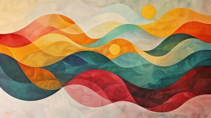 A colorful and dynamic artwork capturing aquatic moments under the sun, set against abstract background patterns in vibrant hues of Vermilion, Celadon, Champagne, and Honey Yellow.