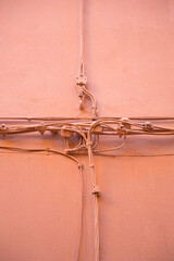 Electrical and telephone cables against a colored plaster wall