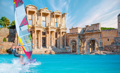 Celsus Library in Ephesus -  Windsurfer Surfing The Wind On Waves In sea - Turkey