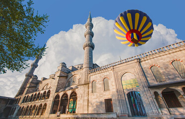 Hot air balloon flying over Blue Mosque (Sultanahmet) - Istanbul, Turkey