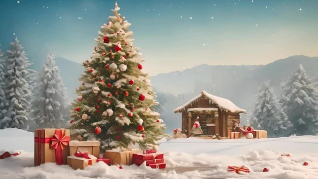 Snowy Christmas Landscape with Decorated Tree and Cottage
