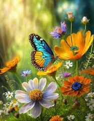 In a stunning, sun-drenched flower garden, a magnificent butterfly alights gracefully