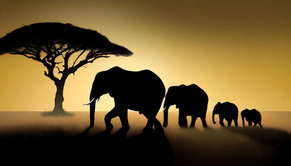 Fototapeta na wymiar Elephants and their calf standing by an acacia tree against a golden savanna sunset silhouette