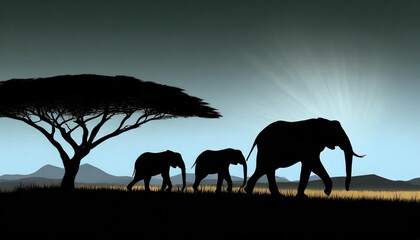 Fototapeta premium Silhouettes of elephants and an acacia tree against the backdrop of a radiant sunset in africa