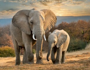 Fototapeta na wymiar Beautiful bonding moment between a mother elephant and her calf in the soft light of a sunset
