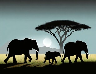 Fototapeta premium Elephants in silhouette against a sunset, with a lone acacia tree and hills in the background