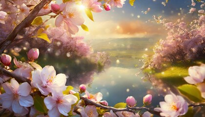 Sunset over a serene lake with blooming trees and delicate flowers creating a magical scene - obrazy, fototapety, plakaty