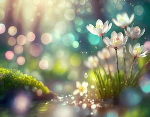 Beautiful white flowers blossom amidst a whimsical bokeh light background in a serene spring scene