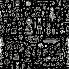 white doodle line,black background,vector graphic, seamless pattern, japonisme, harajuku outfit, khokhloma