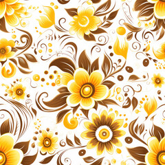 Fototapeta na wymiar yellow floral elements,white background,background is brown color, seamless pattern, japonisme, harajuku outfit, khokhloma