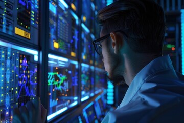 A male IT specialist in a white shirt and glasses looks at a wall of computer screens in a data center.