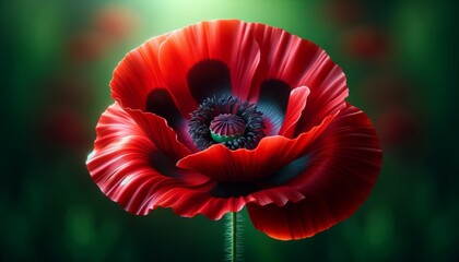 Close-Up: Vibrant Red Poppy Flower in Full Bloom Against a Green Background