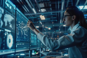 An IT girl in glasses monitors digital monitors, ensuring the integrity of the network.